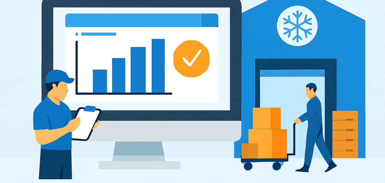 Illustration d’un entrepôt frigorifique moderne avec ERP, gestion des stocks et traçabilité des produits