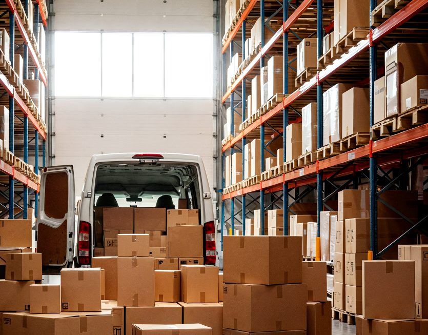 entrepot-avec-des-boites-et-un-fourgon-de-livraison ERP Distribution Athéna Conseil pour la gestion des stocks et inventaire en Tunisie